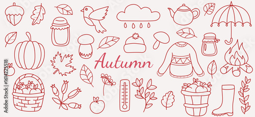 Autumn Line Art Seamless tileable Background Pattern with lots of cozy objects  Autumn Icons Set Sketch, Doodle Style.