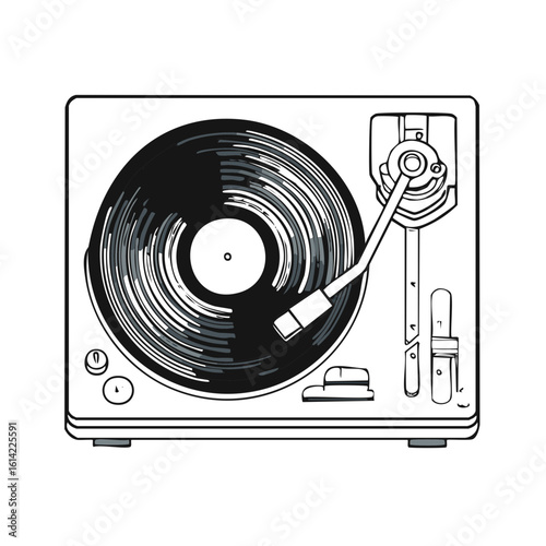 Retro Record Player Vector Illustration Vinyl Disc Turntable Sound System Black and White Line Art
