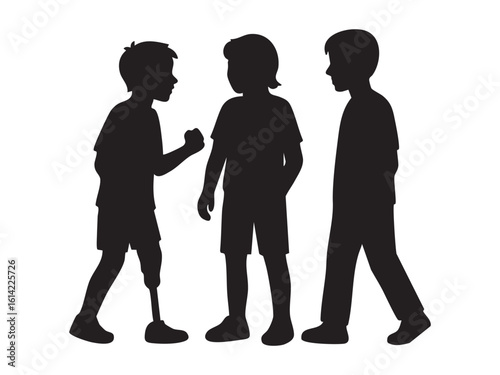 Silhouette of three kids standing together, one with leg prosthesis, isolated on white background. Concept of childhood friendship, disability inclusion, diversity and social interaction