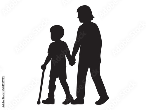 Silhouette of child with leg disability walking with adult, holding hands, isolated on white background. Concept of support, caregiving, inclusion, rehabilitation, family and mobility aid