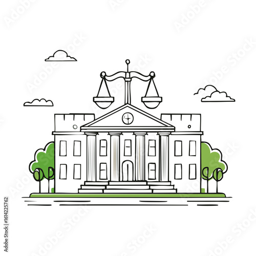 Courthouse facade with scales of justice icon illustration and line art