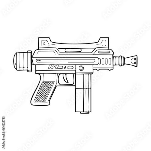 Line art illustration of a compact submachine gun, designed with realistic elements and military aesthetic