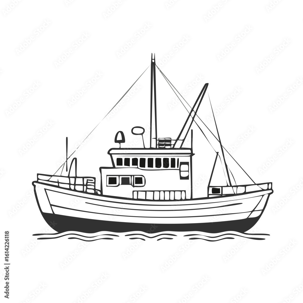 Fototapeta premium Simple hand-drawn fishing boat vector illustration.