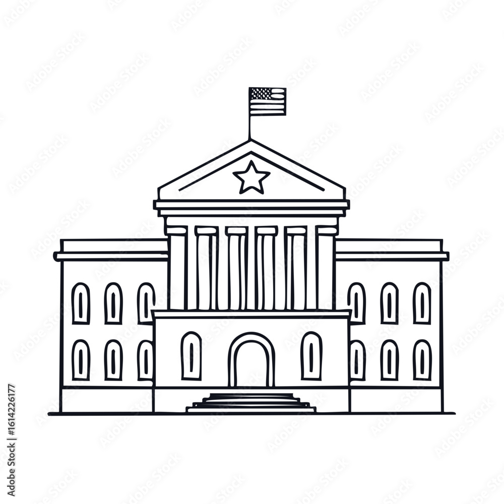 Obraz premium Government building illustration with flag and stairs, political design, public service, line art illustration