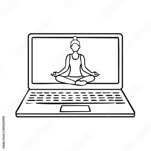 Woman meditating in yoga pose on laptop screen for online wellness class