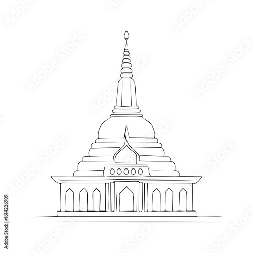 Outline illustration of a Buddhist temple with tiered roof, gates, and spire
