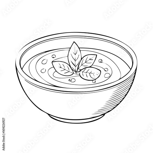 Hand drawn bowl of creamy soup with fresh basil leaves line art illustration
