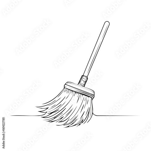 Illustration of a Broom with Bristles and a Wooden Handle Sweeping a Floor for Cleaning and Tidiness Purposes