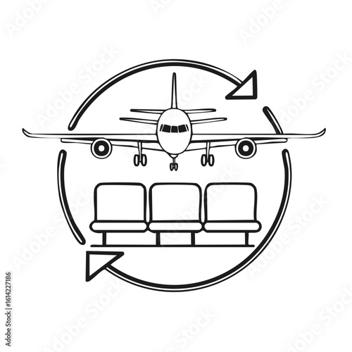 Continuous air travel journey symbol with airplane and airport passenger seats