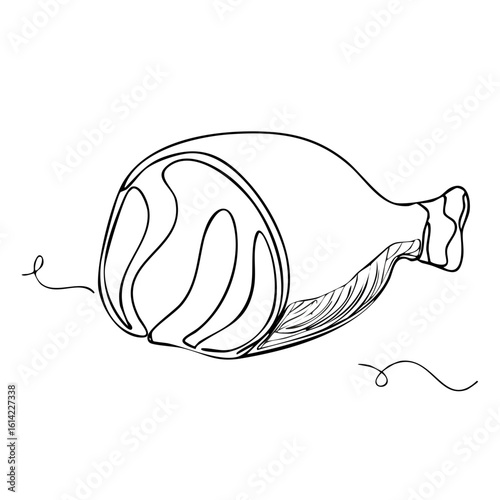 Minimalist continuous line drawing of a prosciutto ham leg. Gourmet cured meat illustration.