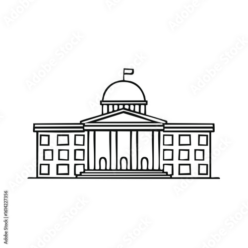 Elegant dome building with colonnade and repetitive windows in simple line art style