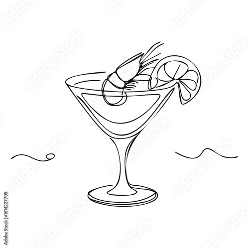 Line art illustration of a cocktail glass with shrimp and lemon garnish.