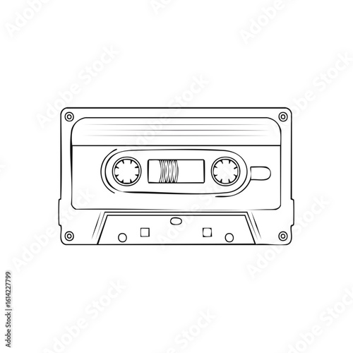 Retro Audio Cassette Tape Outline Icon, Vintage Musical Recording, Line Art Symbol, Portable Sound Player