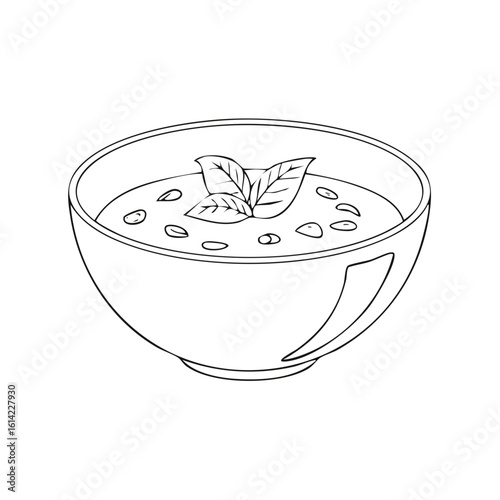 Line art drawing of soup bowl with beans and basil leaves for culinary illustrations or recipes