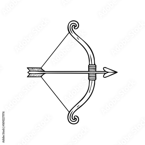 Ornamental bow with a nocked arrow line art illustration