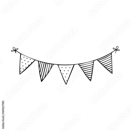Hand drawn doodle style black and white party bunting flags with decorative patterns for celebration