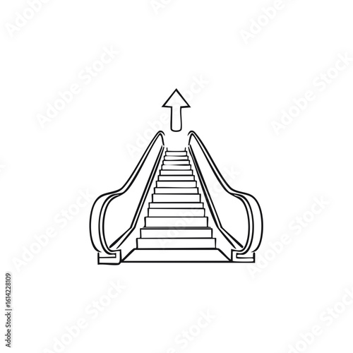 Black line art escalator going up with arrow symbol for progress