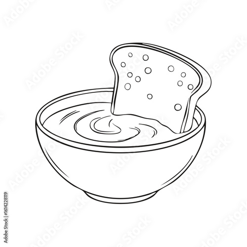 Bread slice dipped in sauce bowl, black and white illustration