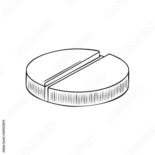 Black Line Drawing of Pill Tablet Round Shape with Dividing Line for Medication or Supplement