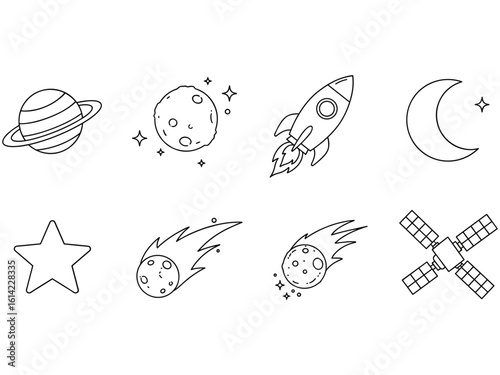 Hand drawn space icons featuring planets rocket moon and stars