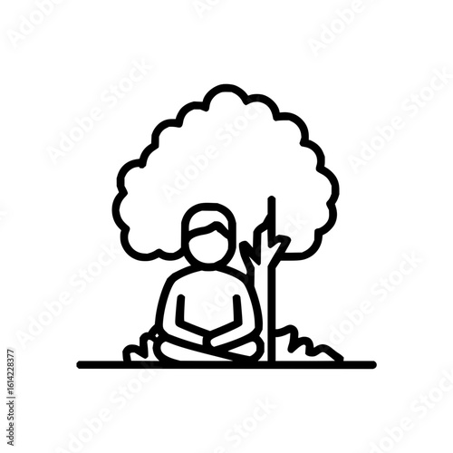 Person in meditation pose seated beneath a tree with foliage in a minimalist outline style drawing art