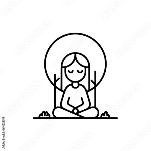 A girl meditating in lotus position with a circle behind her head and trees on either side in outline