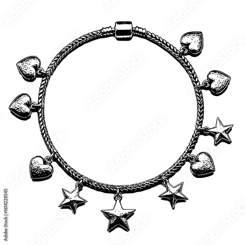 Happy Sisters Day Silver charm bracelet with heart and star pendants on white background  