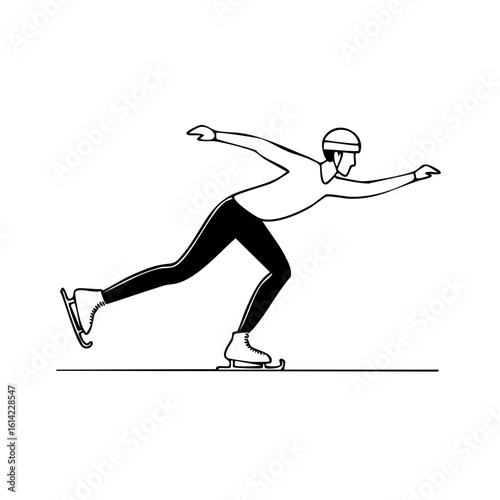 Single Line Drawing of Ice Skater wearing helmet and skates gliding on ice surface.