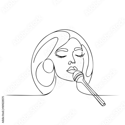 Elegant One Line Drawing of Singer with Microphone in Black and White Minimalism