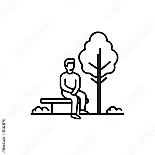 Man sitting on a bench in the park next to a tree in a simple black and white line drawing illustration