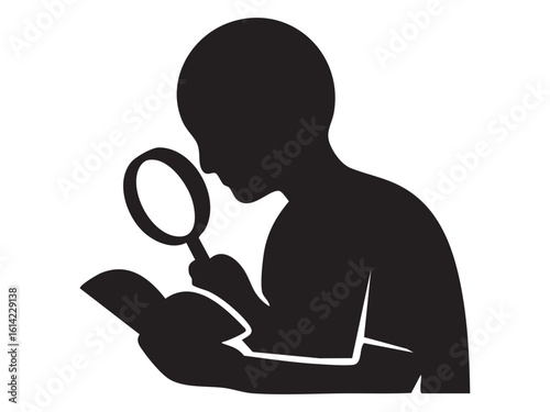 Black silhouette of detective figure reading book with magnifying glass. concept of investigation, mystery, intelligence, detective story, icon, logo, white background, isolated