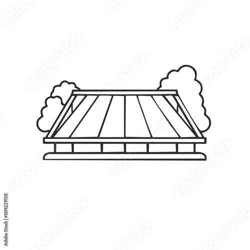 Minimalist line art icon of a modern park pavilion or architectural structure with trees