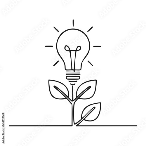 Eco-friendly innovation concept with light bulb growing from plant in single line art