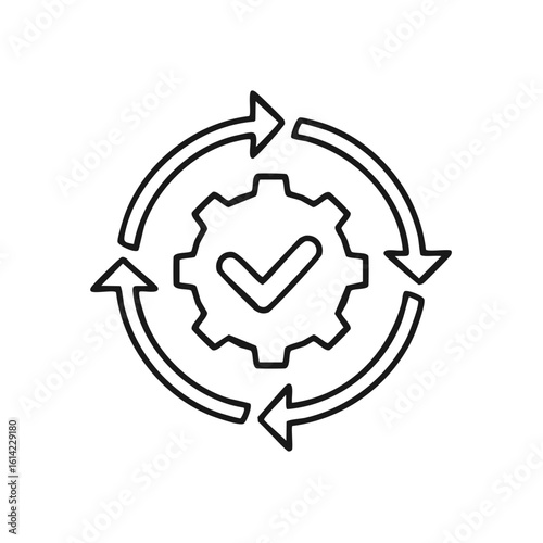 Workflow automation and process optimization line icon with gear and checkmark