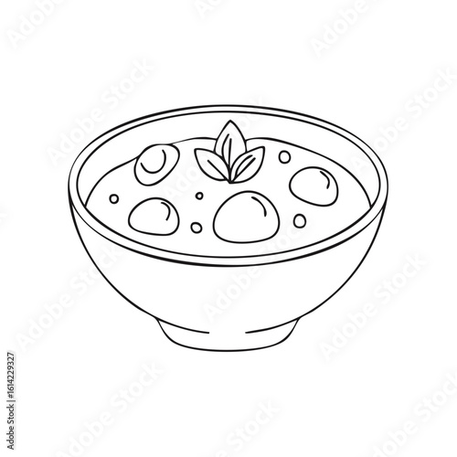 Hand-drawn bowl of soup with dumplings and herbs isolated on white background.