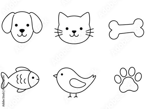 Simple doodle icons of popular pets and pet accessories