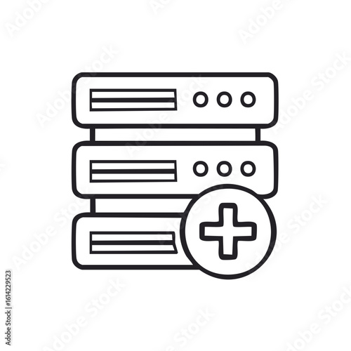 Server icon with plus sign representing adding data or new server.