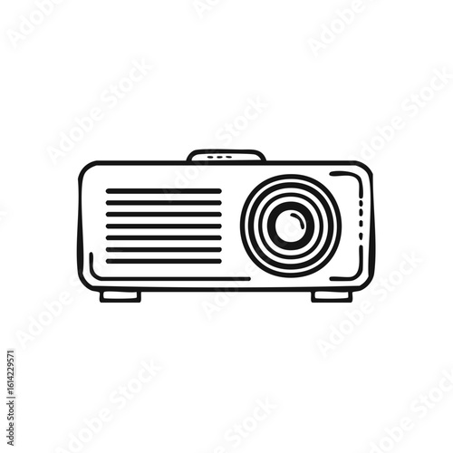 Minimalist line art illustration portraying a modern technology presentation projector device