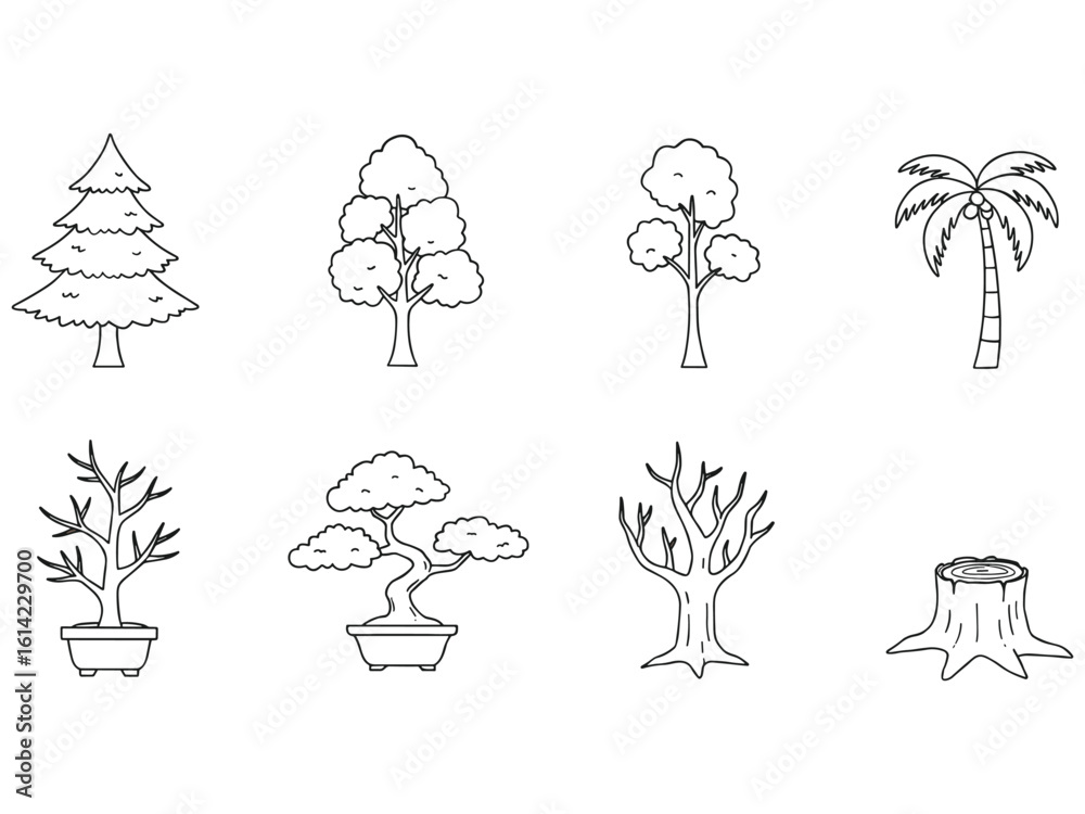 Fototapeta premium Collection of hand drawn tree illustrations and a tree stump