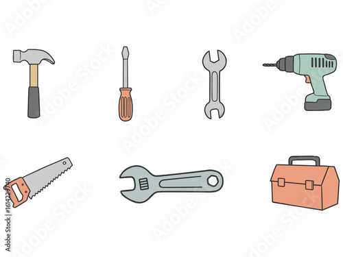 Collection of hand drawn construction and repair tools
