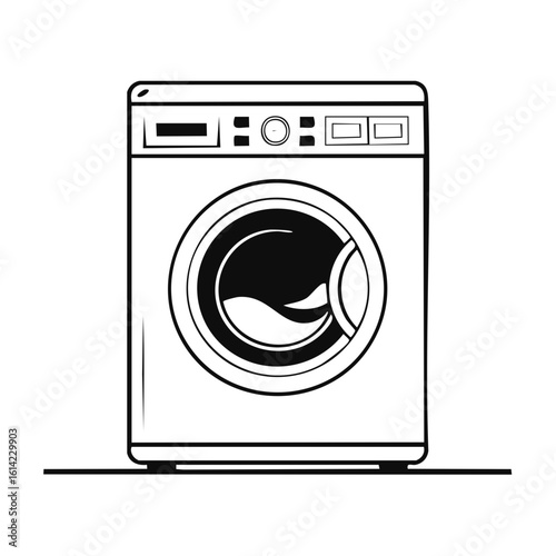 Black and white illustration of a front-loading washing machine. Simplified, linear art.