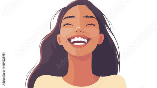 Joyful woman laughing in wide angle