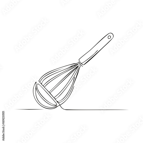 Minimalist line drawing of a whisk resting on a surface