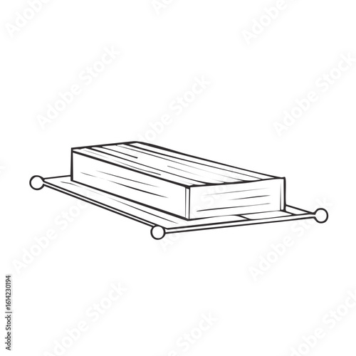 Wooden box displayed on simplistic table featuring a linear design and spherical accents a sketchlike line drawing