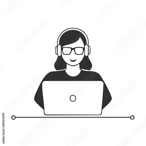 Woman with Headphones Working on Laptop Linear Icon Vector Illustration