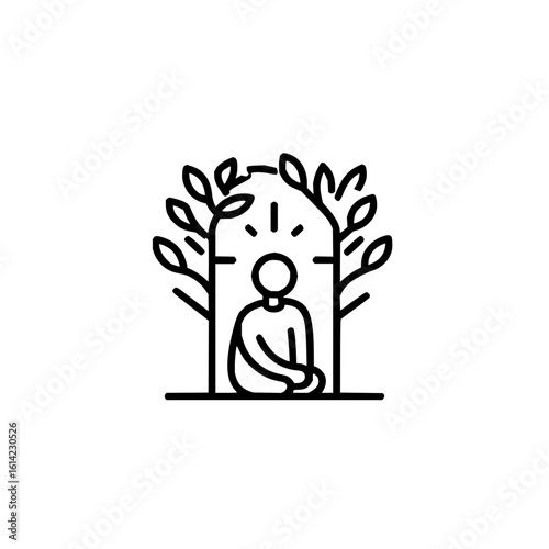 Person meditating under an archway adorned with leaves in a minimalist line art style illustration