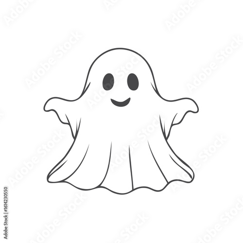 Friendly Cartoon Ghost Simple Outline Design for Halloween Holiday and Kids Illustration