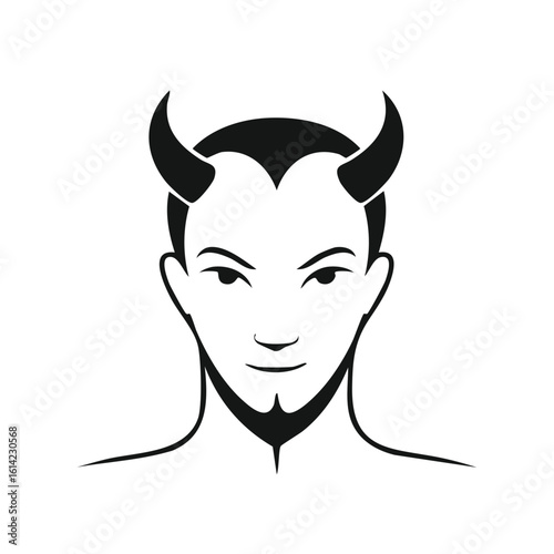 Stylized illustration of a horned person with a beard and intense gaze