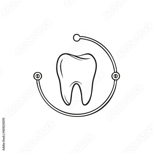 Minimalist tooth icon with dental tool for stomatology and oral care logo.