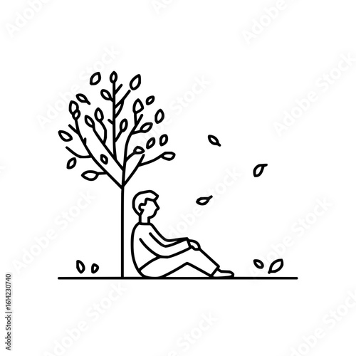 A man sits under a tree with falling leaves in a simple black and white line drawing illustration style